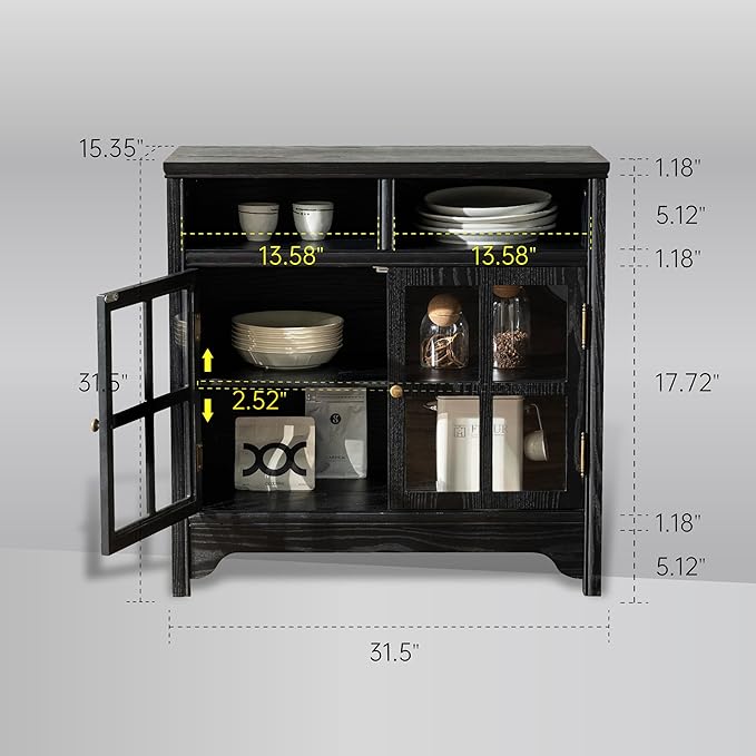Chogori 31.5" Solid Wood Buffet Cabinet with Storage, Farmhouse Sideboard with 2 Doors, Coffee Bar Cabinet for Dining Room, Kitchen, or Living Room, Black