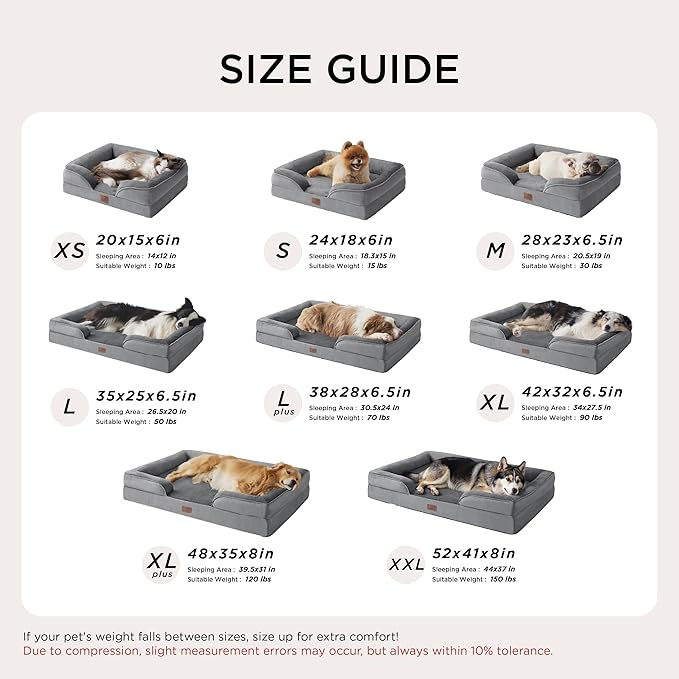 Bedsure Orthopedic Dog Beds for Extra Small Dogs- Washable Dog Cat Bed Waterproof, Comfort Pet Couch Sofa with Washable Removable Cover, Pets Bed with Nonskid Bottom, Grey, 20"