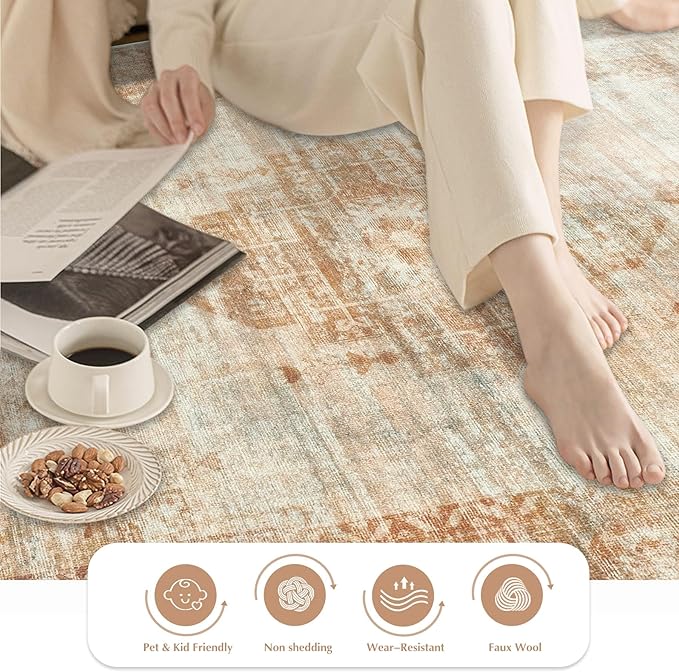 Vintage Living Room Area Rug - 6x9 Large Machine Washable Boho Moroccan Rug Distressed Farmhouse Rugs for Bedroom - Soft Non-Slip Indoor Carpet for Dining Room Office Nursery (Brown, 6'x9')