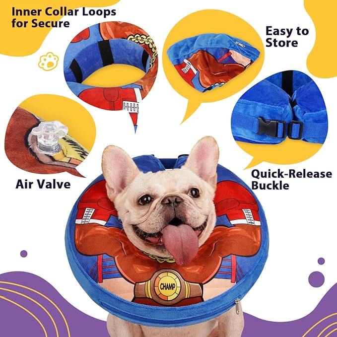 Crazy Felix Soft Donut Cone for Dogs to Stop Licking, French Bulldog Recovery Collar After Surgery Inflatable Cone Alternative for Small Medium Large Dogs, Elizabethan Collar with Boxer Pattern