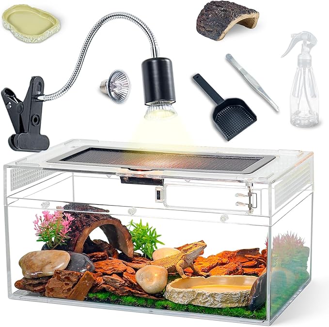 12.5''×6''×7'' Reptile Tank Kit with Heat Lamp, Spray Bottle, Shovel, Tweezers, Food Bowl, Hideout -Perfect for Geckos, Snakes, Lizards, Turtles, Jumping Spider,Milk Frog,Hermit Crabs