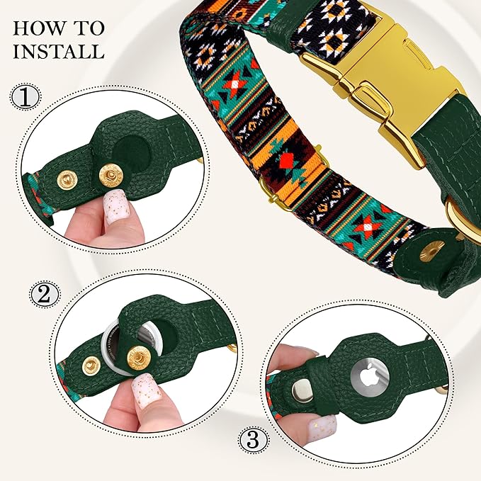 AirTag Dog Collar for Small Medium Large Breed - Adjustable Cute Pattern Dog Collar with Airtag Holder - Soft Leather Tracker GPS Apple Air Tag Pet Collars (X-Large, 20"-25" Neck Fit, Tribal)