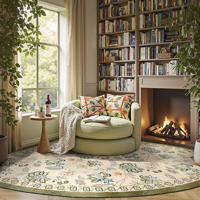 jinchan Elora Floral Corner Rug for Living Room Washable Bedroom Rug Vintage Romance Design Non Slip Quarter Circle Lightweight Low-Pile Throw Carpet for Reading Nook Playroom,8ft Radius, Green/Beige