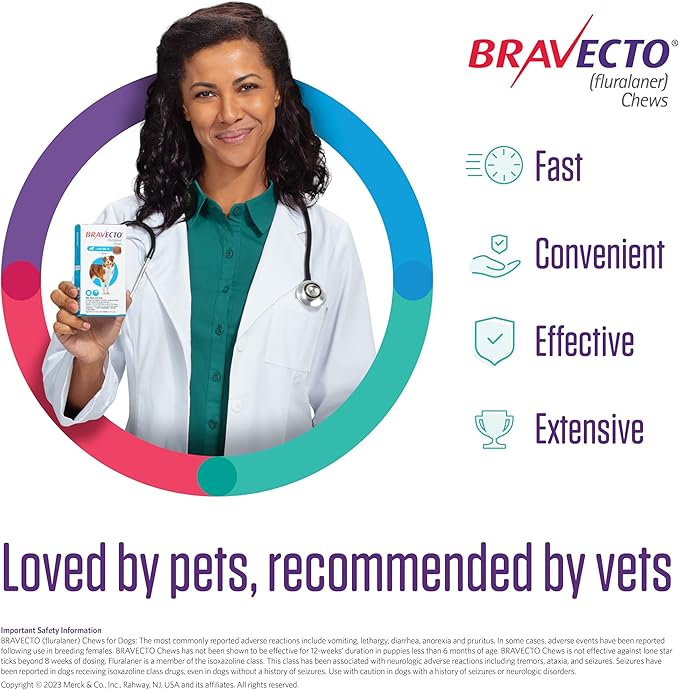 BRAVECTO Chew for Dogs, Flea & Tick, 1 Chew, 12 Week Supply, 88-123 lbs., Pink Box