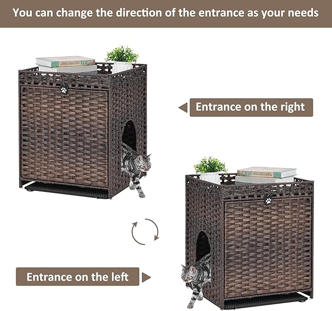Cat Litter Box Enclosure with Soft Litter Mat; Hidden Cat Washroom Furniture with Door; Handwoven Rattan Cat House; Pet Crate for Living Room, Bedroom, Balcony (Brown)