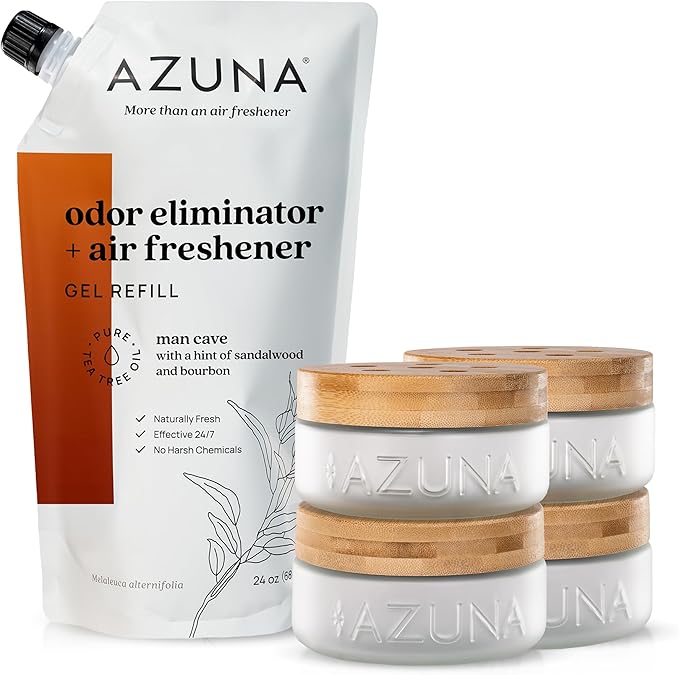 Azuna Air Freshener & Odor Eliminator for Strong Odor | 4 Room Kit Includes (4) Empty Luxe Glass Jars & 24oz Gel Refill with Tea Tree Essential Oil | Sandalwood Scent | Last 60-90 Days