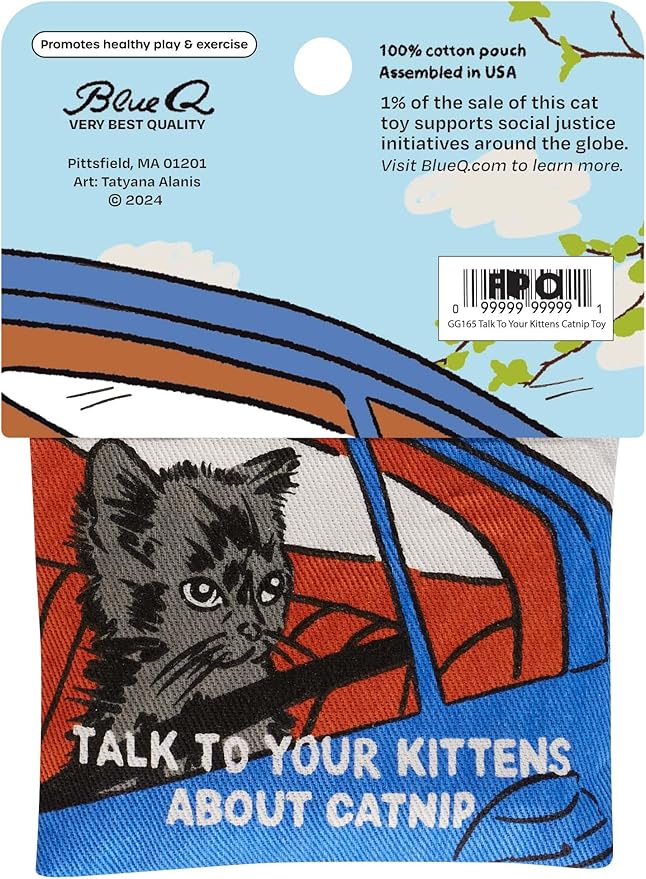Blue Q Talk to Your Kittens About Catnip - Cat Toy. Premium Organic Catnip Grown in USA, 100% Cotton Pouches, Kitty Graphics Sure to Delight Every Cat-Keeper.