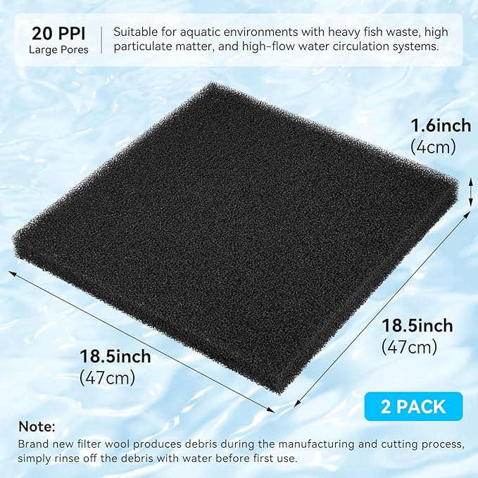 Aquarium Filter Sponge Pad, Filter Media Foam Sponges, Filter Accessories for Fish Tanks and Ponds (18.5"x18.5"x1.6", 20PPI, 2 Pack)