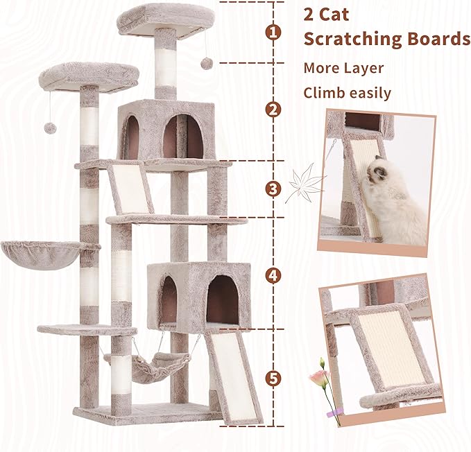 Cat Tree for Indoor Cats, 71'' (180cm) Multi-Level Cat Tower for Large Adult, Sturdy Cat Tree House with 2 Scratching Boards 7 Posts, 2 Plush Perches/Condos, Hammock, Muchroom GCT032MU