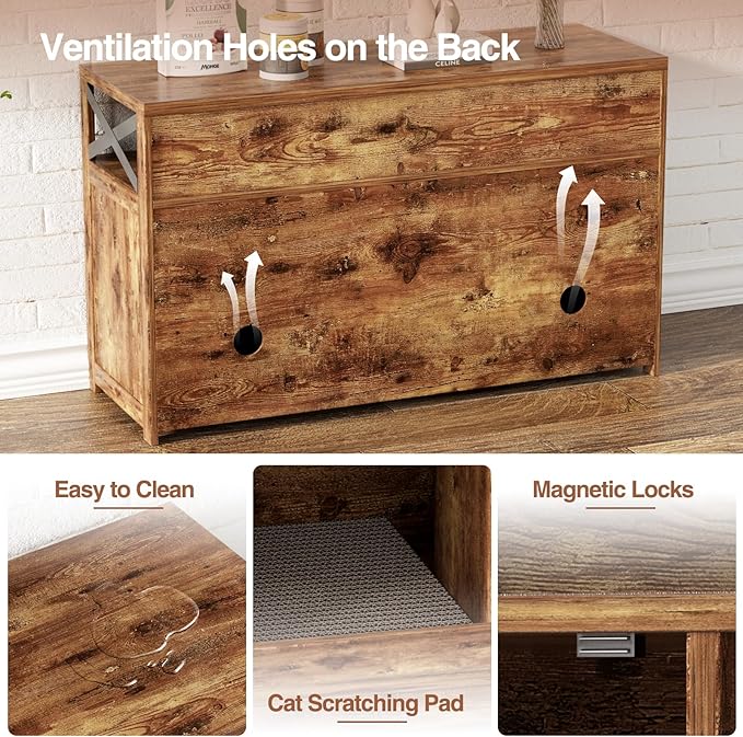 Cat Litter Box Enclosure for 2 Cats, 47" Double Hidden Litter Box Furniture with Scratch Pad, Farmhouse Indoor Litter Box Cabinet Cat Washroom, Rustic Brown