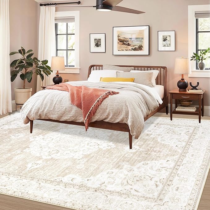 Vintage Living Room Area Rug - 5x7 Large Machine Washable Boho Moroccan Rug Distressed Farmhouse Rugs for Bedroom - Soft Non-Slip Indoor Carpet for Dining Room Office Nursery(Boho Beige, 5'x7')