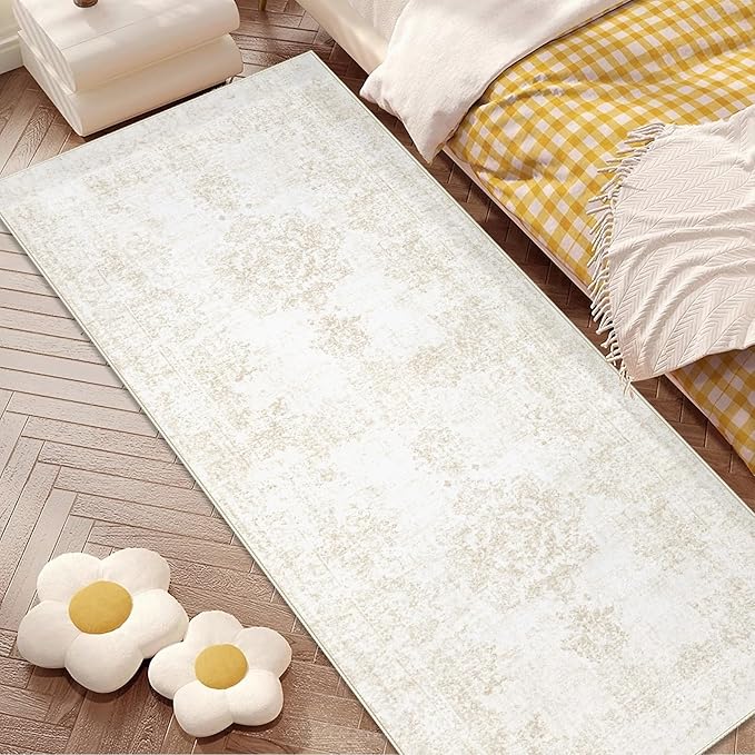 Runner Rug 2x6 Entryway Rug - Machine Washable Vintage Boho Area Rug Non-Slip Kitchen Runner Soft Stain Resistant Runners for Hallways Entryway Laundry Kitchen Bathroom Bedroom(Ivory, 2'x6')
