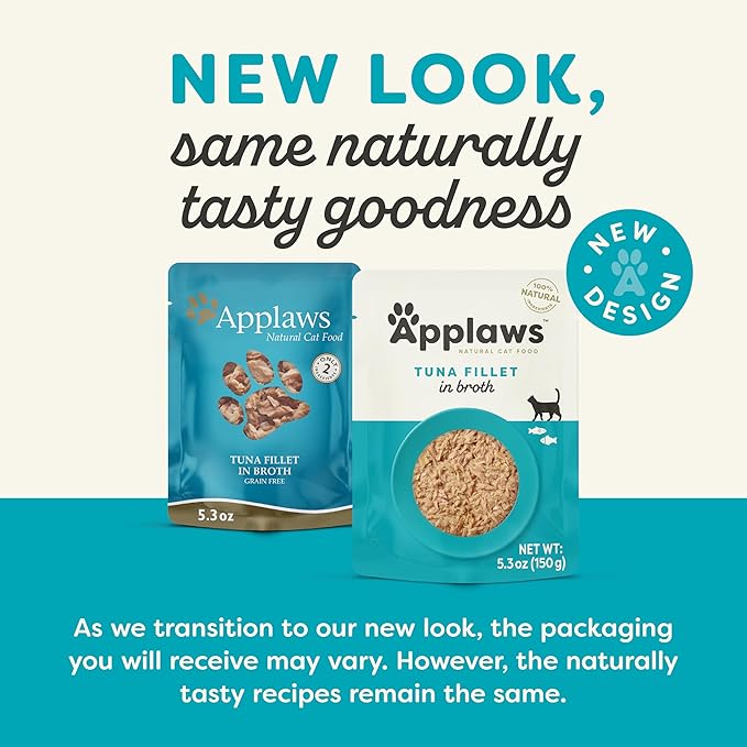 Applaws Natural Wet Cat Food in Broth, Limited Ingredient Wet Cat Food Pouches, No Additives, Made with Natural Ingredients, Tuna Fillet in Broth (12 x 5.3oz Pouches)
