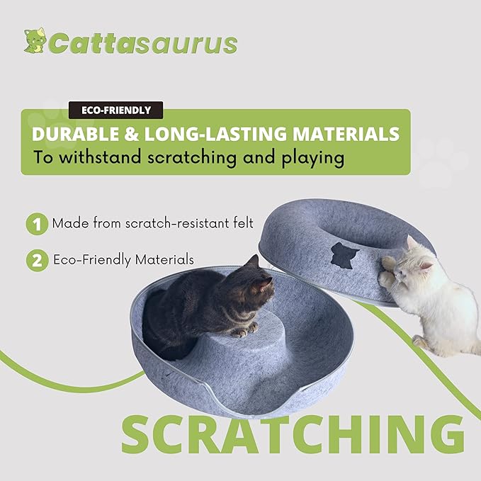 Cattasaurus Peekaboo Cat Cave for Multiple & Large Cats Up to 30-45 Lbs, Scratch Detachable & Washable Tunnel Bed, Comfy Donut Cat Cave (Pink, Large)