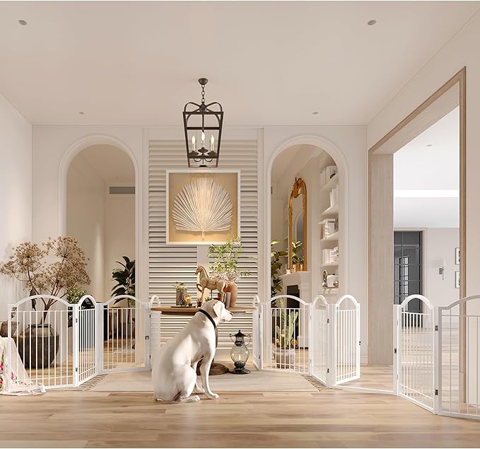 BHG Metal No-Assembly Freestanding Dog Gate with Door Walk Through, Extra Wide 96", Extra Tall 32" Pet Gate, Accordion Puppy Folding Playpen Dog Fence, with 2PCS Support (White, 4 Panels)