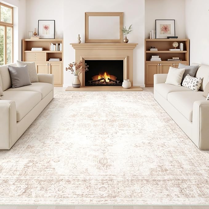 Vintage Living Room Area Rug - 9x12 Large Machine Washable Boho Moroccan Rug Distressed Farmhouse Rugs for Bedroom - Soft Non-Slip Indoor Carpet for Dining Room Office Nursery(Retro Beige, 9'x12')