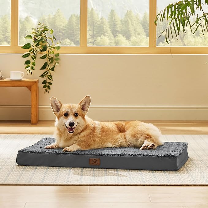 Bedsure Large Dog Bed for Crate - Orthopedic Flat Pet Beds with Removable Washable Cover, Egg Crate Foam Crate Mat, Suitable for Pet Up to 50 lbs