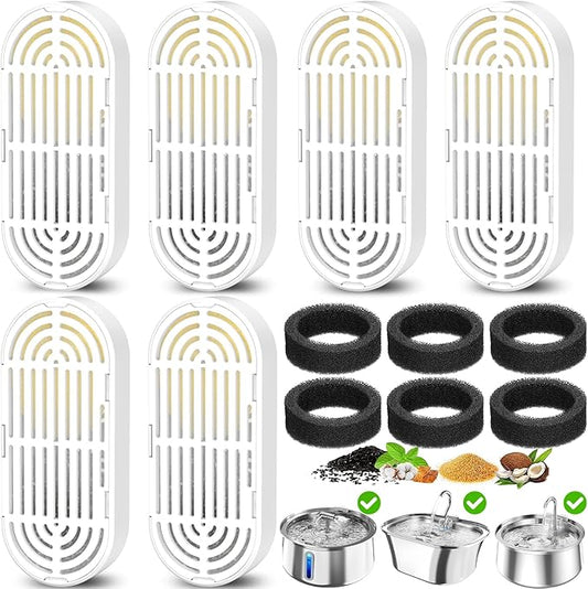 Cat Water Fountain Filters for 108/3.2L& 4L/134oz Stainless Steel Pet Water Dispenser Fountain Filters (6 Filters& 6Sponges) (6 Filters& 6 Sponges)