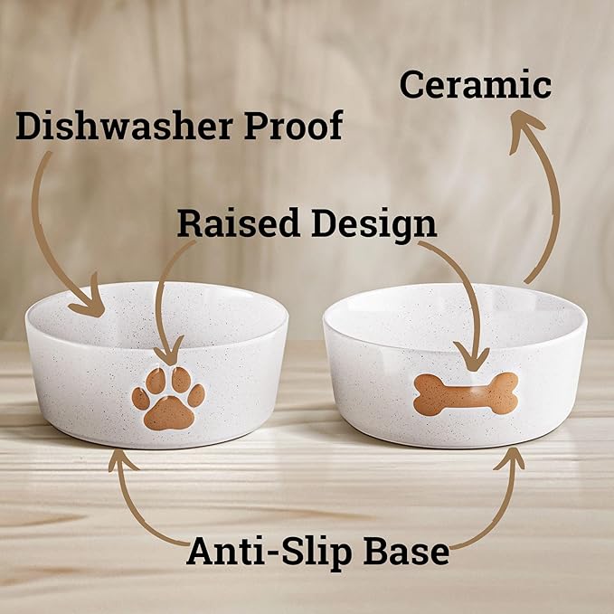 Ceramic Dog Bowl Set of 2 with Anti-Skid Base - 5" Wide x 2" Tall Ceramic Dog Bowls for Small Dogs - 2 Cup Capacity Food and Water Bowls for Dogs - Rubber Bottom Pet Bowl Set of 2 for Small Pets