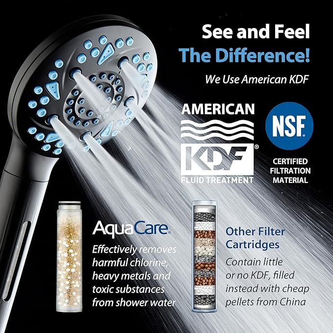 AquaCare High Pressure 10 Spray Mode Filtered Showerhead - Handheld Shower Head Filters Chlorine to Heal Dry Skin, Revive Hair - Dual Power Wash Cleans Tub, Tile, Pets - Hard Water Softener, Black