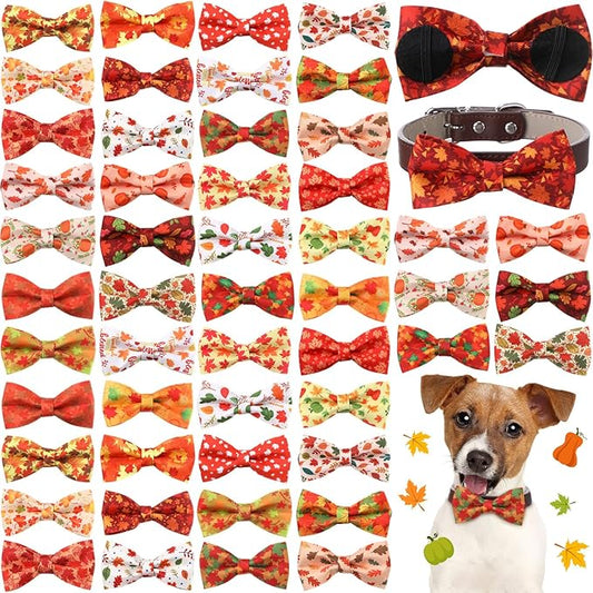 Hillban 50 Pcs Fall Collar Dog Bow Ties Maple Leaves Dogs Collar Accessories Pets Bow Ties Attachment with Elastic Bands Detachable Charms for Doggie Fall Autumn Costume