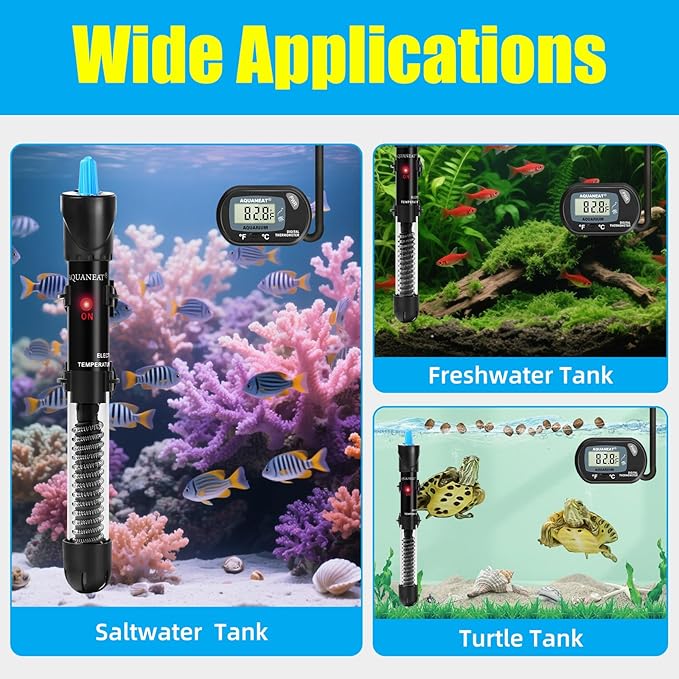 AQUANEAT Aquarium Heater, 100W Fish Tank Heater, Adjustable Submersible Water Thermostat with Digital Thermometer