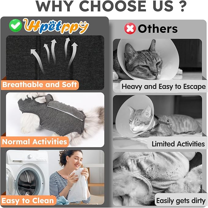 Cat Recovery Suit for Spay Abdominal Wounds, Kitten Onesie Bodysuit for Cats After Surgery, Cat Surgery Recovery Suit Female Cone of Shame Alternative for Cats Anti Licking (Dark Grey M)