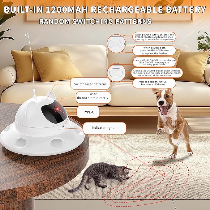 Cat Laser Toy,3-in-1Interactive Cat Toys Automatic Cat Toy with 360° Random Laser & Interactive Feather - 5 Laser PatternsUSB Rechargeable Motion Activated Moving - Fun Toys for Indoor Cats & Kittens