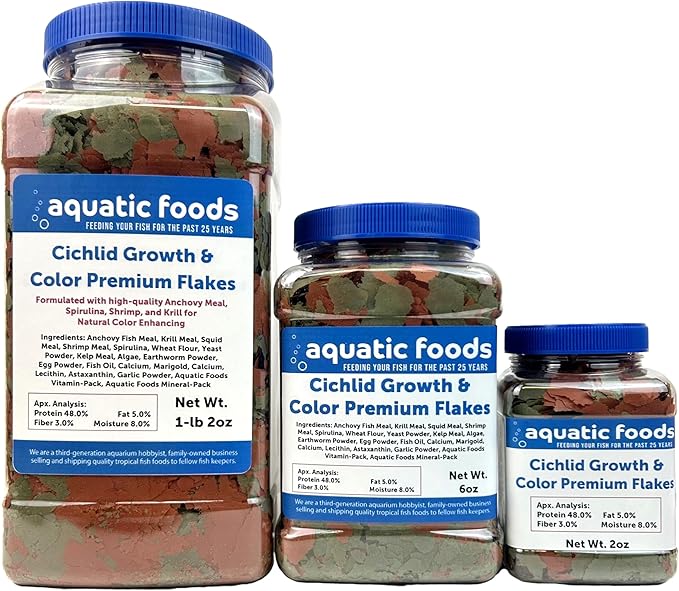 Aquatic Foods Inc. Premium Cichlid Growth and Color Enhancing Flakes with Spirulina, Color Enhancing Astaxanthin Also Pellet Mix, Wafer Mix Included…1-lb 2oz
