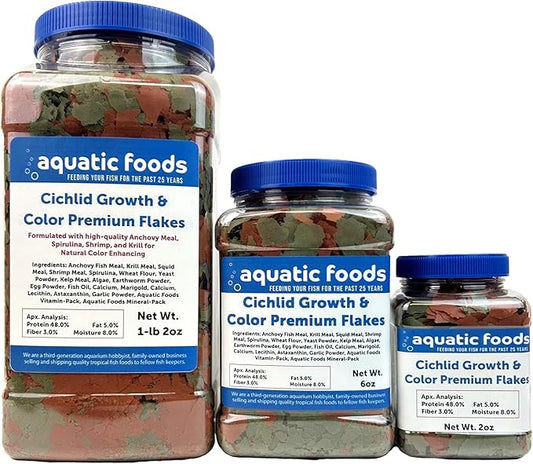 Aquatic Foods Inc. Premium Cichlid Growth and Color Enhancing Flakes with Spirulina, Color Enhancing Astaxanthin Also Pellet Mix, Wafer Mix Included…2oz