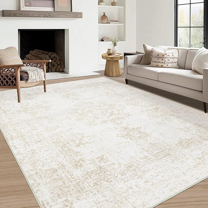Vintage Living Room Area Rug - 5x7 Large Machine Washable Boho Moroccan Rug Distressed Farmhouse Rugs for Bedroom - Soft Non-Slip Indoor Carpet for Dining Room Office Nursery(Ivory, 5'x7')