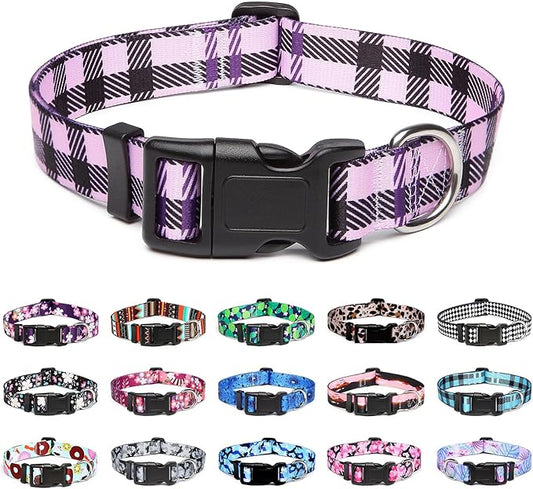 Mercano Adjustable Dog Collar - Special Design Patterns, Soft Nylon Comfortable Durable Pet Collar for Small Medium Large Dogs (M, Purple Plaid)