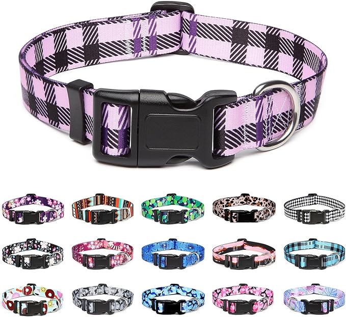 Mercano Adjustable Dog Collar - Special Design Patterns, Soft Nylon Comfortable Durable Pet Collar for Small Medium Large Dogs (XS, Purple Plaid)