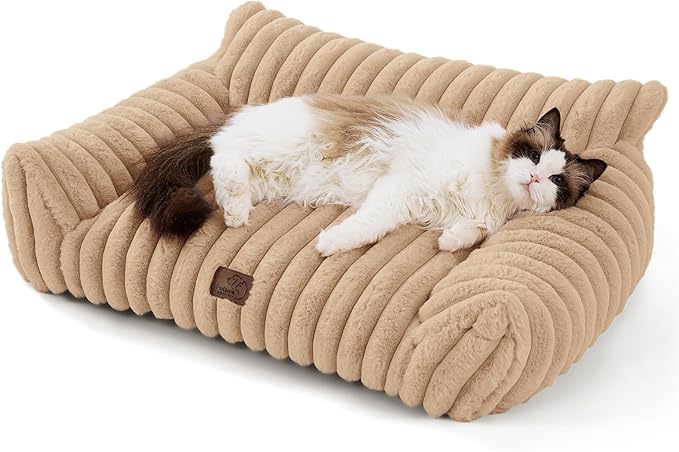 Bedsure Cute Cat Couch for Pets - Fluffy Small Dog Sofa with Premium Soft Corduroy Fleece, Pet Sofa with Removable Washable Cover, Supportive Dog Couch Bed for Small Medium Dogs, 30inch, Tuscan Beige