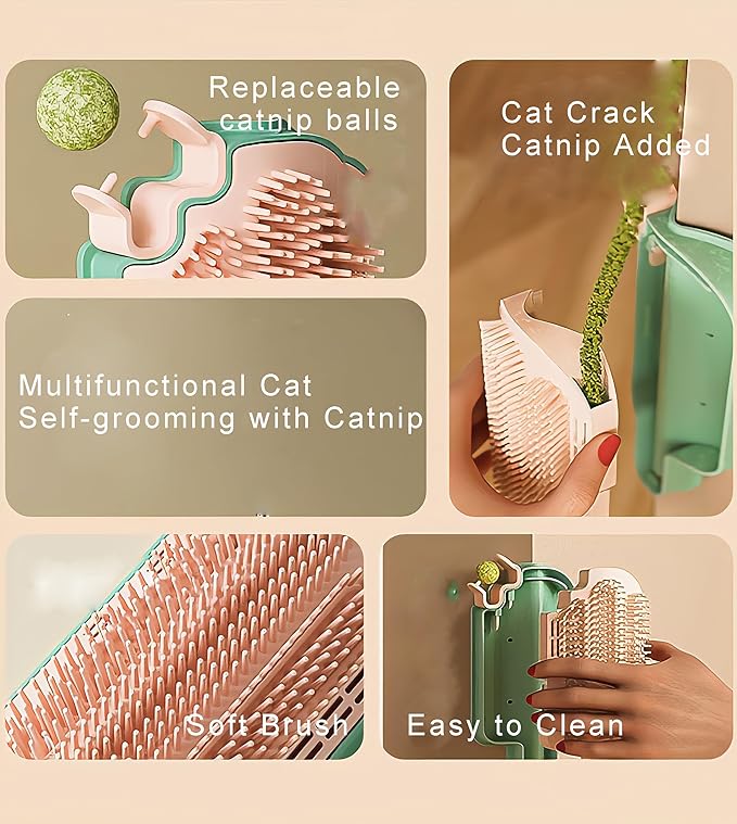 Catnip Toys for Indoor Cats 2 Pack, Stick on Wall Cat Brush with Catnip Ball Toys, 2 in 1 Massage & Self Groomer, Corner Brush