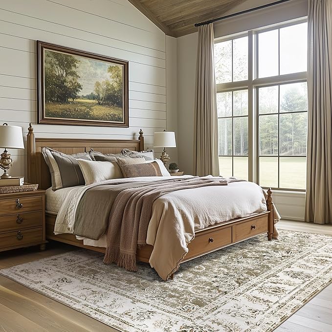 jinchan Fiora Washable Area Rug 8x10 for Living Room - Soft Faux Wool Ultra-Thin Stain Resistant Non-Slip Distressed Vintage Floral Large Carpet for Bedroom, Home Office, Nursery(Taupe, 8'x10')