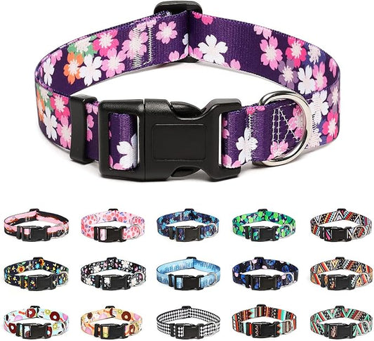 Mercano Adjustable Dog Collar - Special Design Patterns, Soft Nylon Comfortable Sturdy Pet Collar for Small Medium Large Dogs (L, Floral Pink)