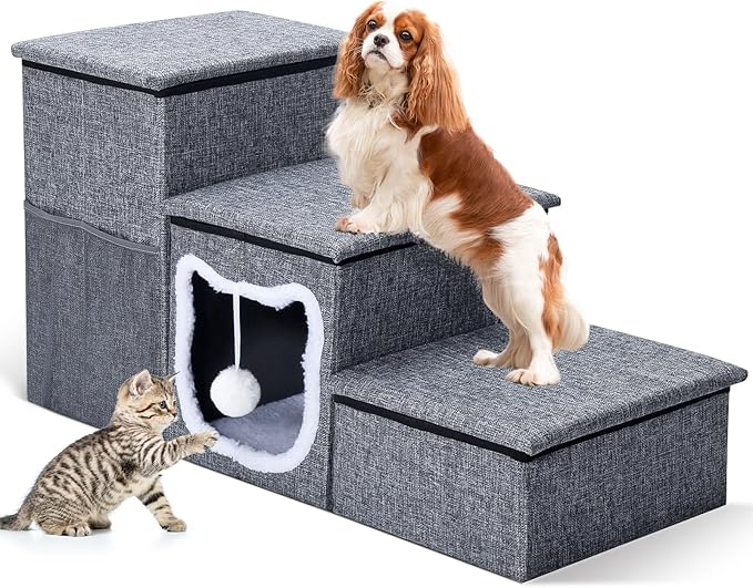 Bilibrara Dog Stairs for Small Dogs, Foldable Pet Steps for High Bed, Non-Slip 3-Step Cat Stairs with Storage, Condo and Fluffy Ball, Small Dog Indoor Ramp for Couch Window, 16'' H