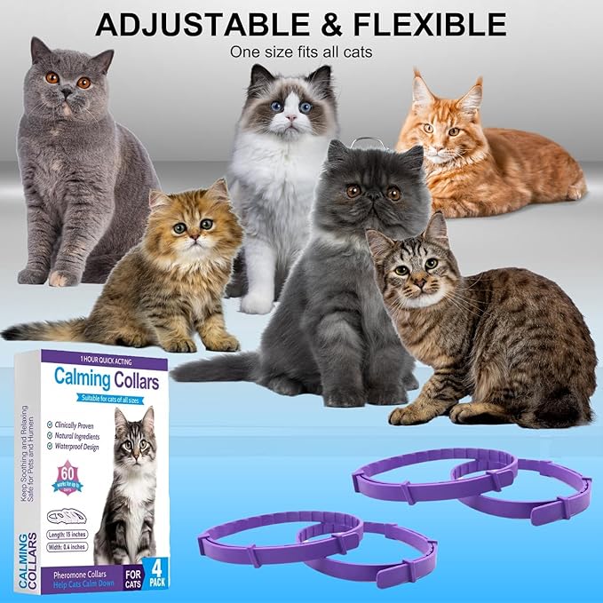 Calming Collar for Cats 4 Pack - Pheromone Collar for Stress and Anxiety Relief, Lasts 60 Days, Adjustable, Water-Resistant & Breakaway Design to Make Cats Relaxed