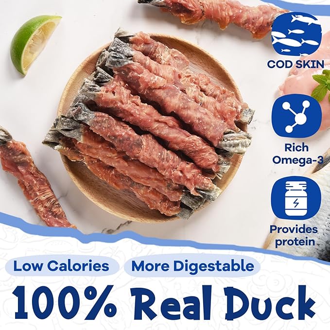 Cod Skin Dog Treats with Duck Dog Snacks High Protein and Omega-3, Natural Dog Chews w/Taurine, 12.5 oz