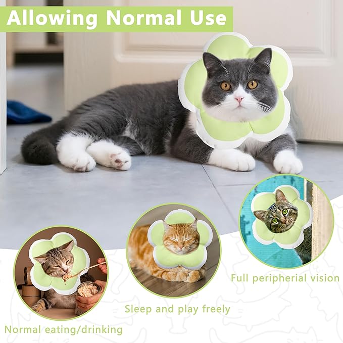 Cat Cone Collar Soft, Waterproof Cats Cones to Stop Licking After Surgery, Adjustable Soft Elizabeth Cats Collars for Wound Healing, Flower Shape Cat Recovery Collar (Green, Small)