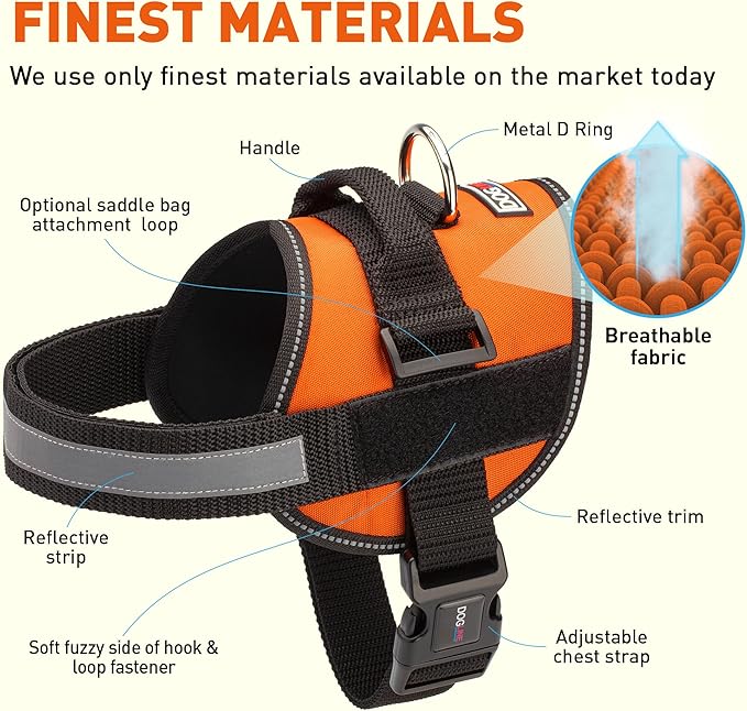 Dogline Dog Harness, Reflective No-Pull Adjustable Vest with Handle for Walking, Training, Breathable, No - Choke Harness for Small, Medium or Large Dogs Room for Patches Girth 15 to 18 in Orange