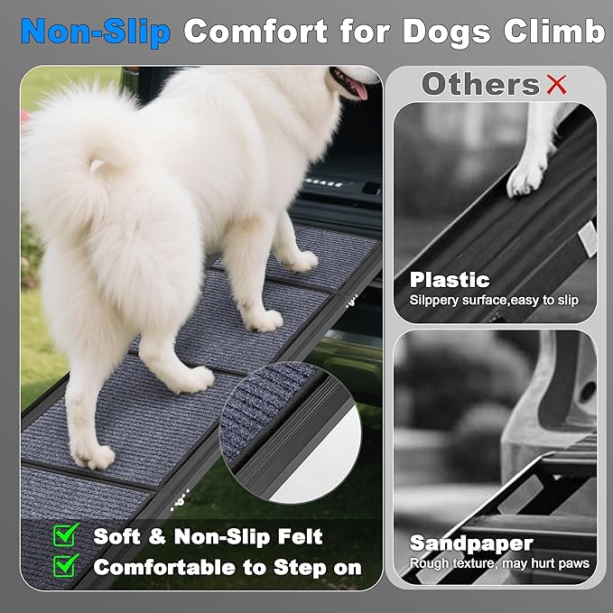 AQUILLA Dog Ramp for Car, 71" Extra Long Folding Dog Ramp, Anti-Slip Felt Surface, Lightweight Pet Ramps for Large Dogs, Portable Outdoor Dog Car Ramp for SUV, Truck, Up to 250LBS (71" L x 19.7" W)