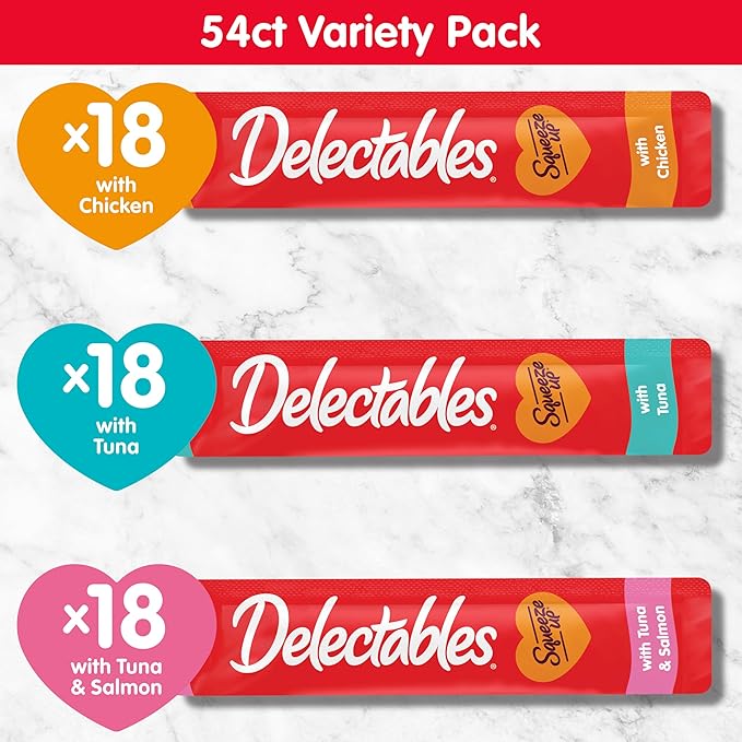 Delectables Squeeze Up Handheld Lickable Treats, Chicken, (Tuna and Tuna and Salmon) 54 Count
