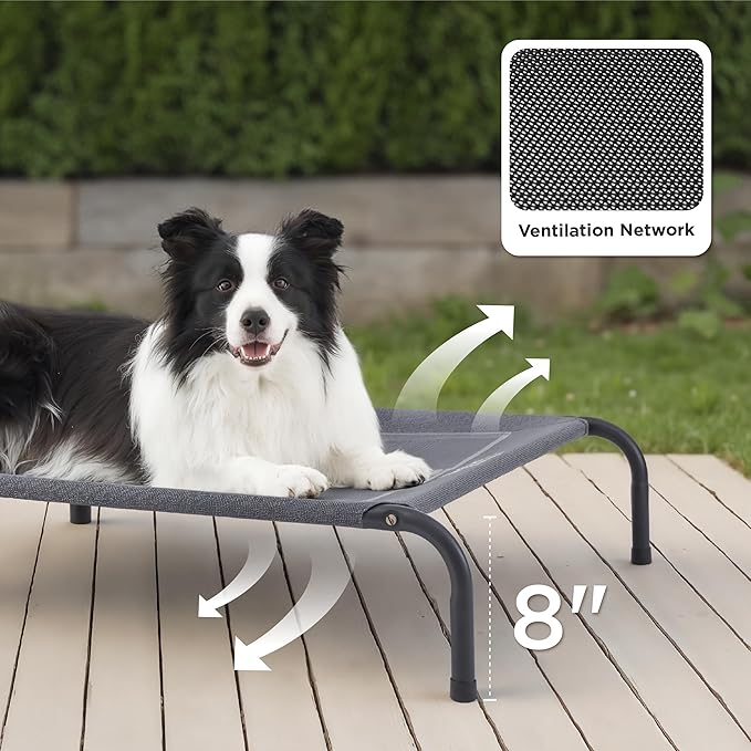 Bedsure Outdoor Elevated Dog Bed Large Sized Dog, Portable Indoor & Outdoor Cooling Raised Cot Pet Hammock Bed with Skid-Resistant Feet, Frame with Breathable Mesh, Black, 49 inches