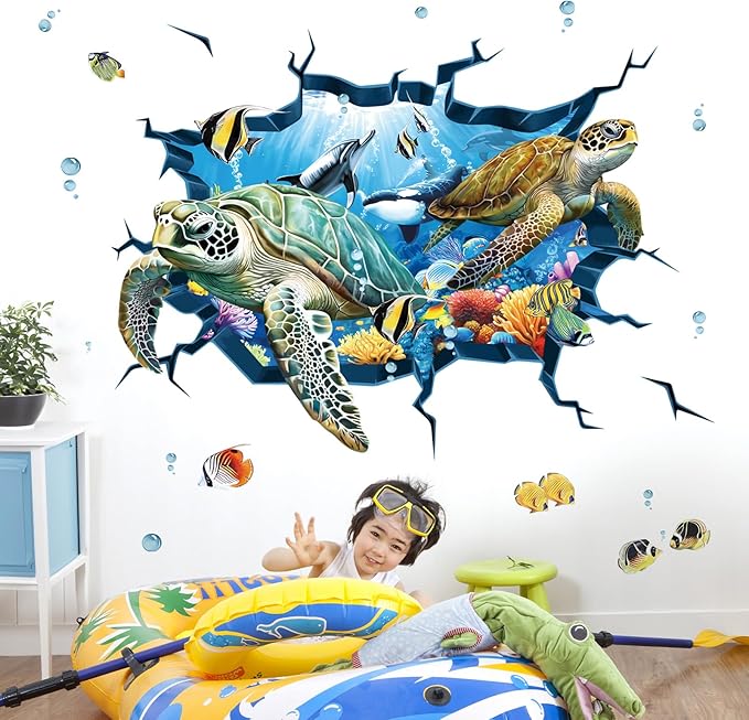 decalmile 3D Under The Sea Turtle Wall Decals Underwater Ocean Fish Broken Wall Stickers Kids Bedroom Living Room Bathroom Wall Decor