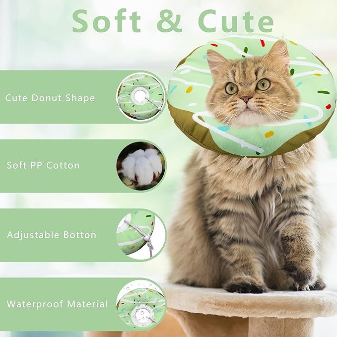 Cat Cone Collar Soft, Adjustable Cat Recovery Collar Kitten Cones to Stop Licking, Cute Donut E Collar After Surgery, Cats Neck Pillow Cone Elizabethan Cones of Shame (Waterproof Green, Small)