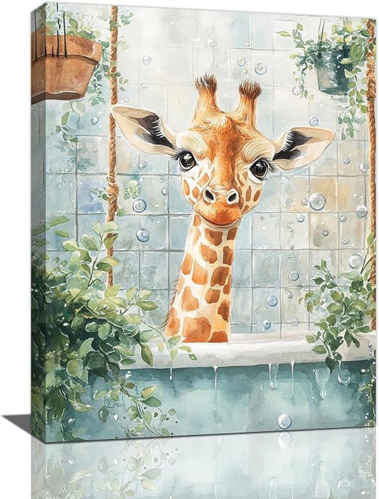 Bathroom Funny Giraffe Pictures Wall Art, Watercolor Giraffe Bathroom Wall Decor, Animal Framed Painting Canvas Artwork for Living Room Decorations 16"L x 12"W