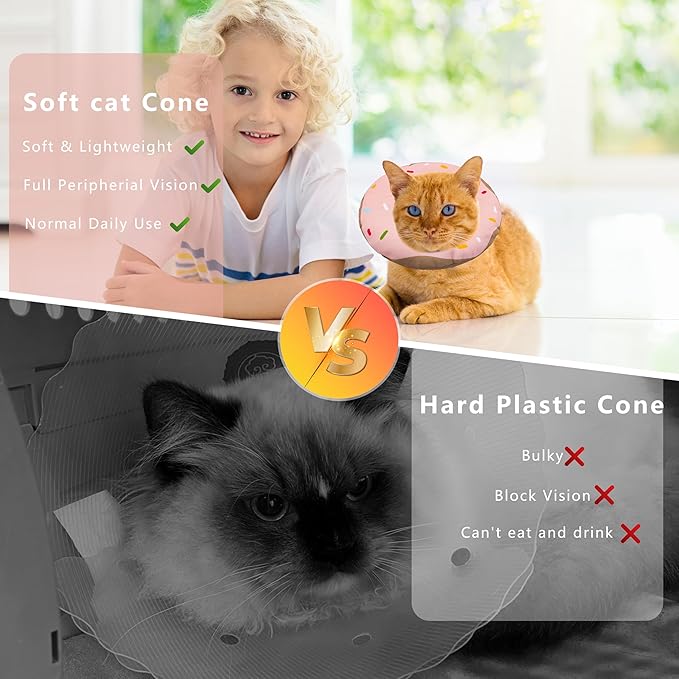 Cat Cone Collar Soft, Adjustable Cat Recovery Collar Kitten Cones to Stop Licking, Cute Donut E Collar After Surgery, Cats Neck Pillow Cone Elizabethan Cones of Shame (Waterproof Pink, Medium)
