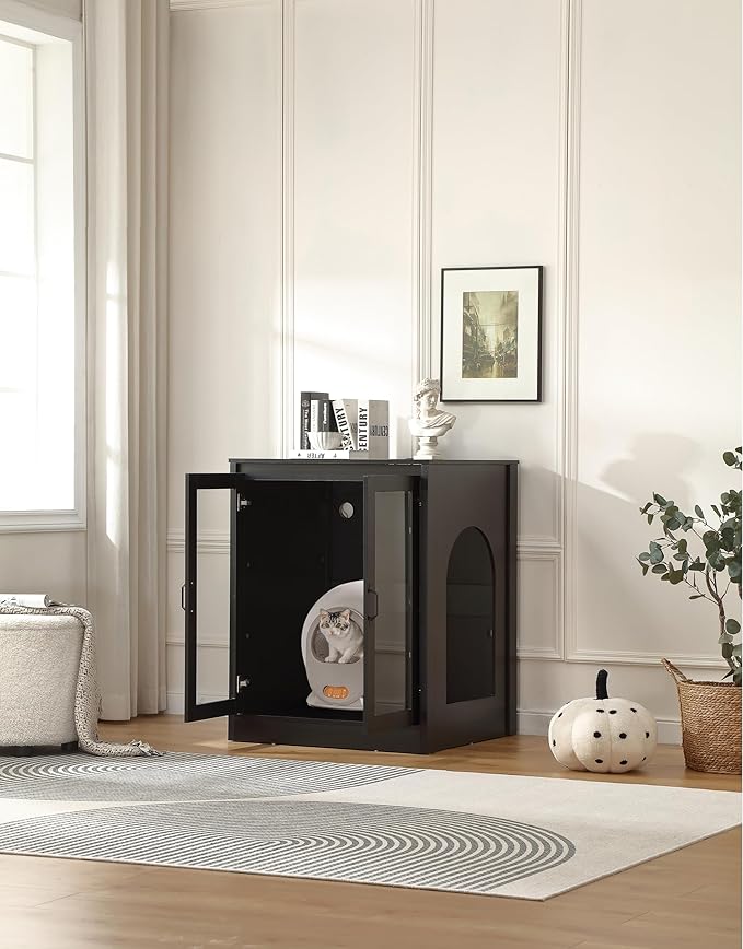 Cat Litter Robot Enclosure with Glass Cat-Observant Doors,Litter Robot Cabinet with Reversible and Optional Entry(Left or Right),Cozy LED for Cats,Power Outlet for More Choice, Black